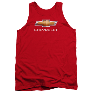 Red men's tank with Chevrolet Chevy Bowtie Stacked graphic