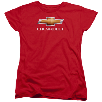 Red women's t-shirt with Chevrolet Chevy Bowtie Stacked graphic