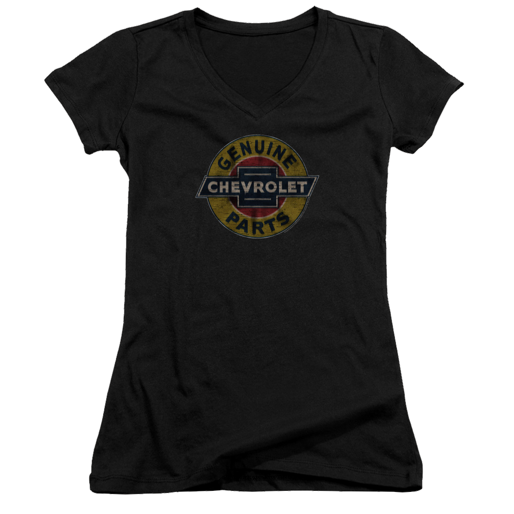 Chevrolet Genuine Chevy Parts Distressed Sign - Juniors V-Neck T-Shirt Juniors V-Neck T-Shirt Chevrolet   