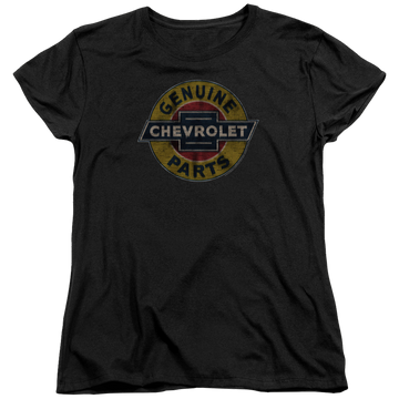 Black women's t-shirt with Chevrolet Genuine Chevy Parts Distressed Sign graphic