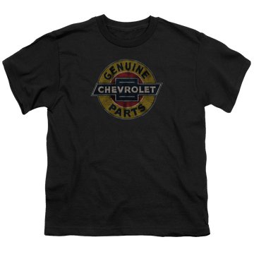 Black youth t-shirt for ages 8 to 12 with Chevrolet Genuine Chevy Parts Distressed Sign graphic