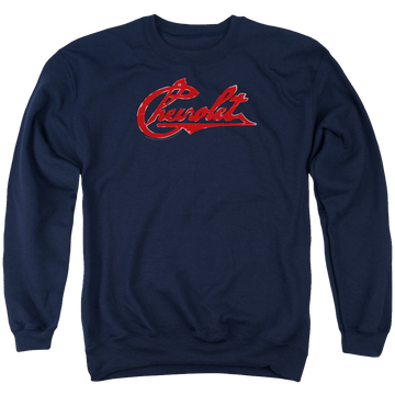 Navy men's crewneck sweatshirt with Chevrolet Script Distressed graphic