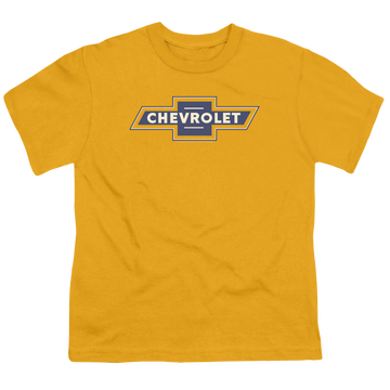 Gold youth t-shirt for ages 8 to 12 with Chevrolet Blue And Gold Vintage Bowtie graphic