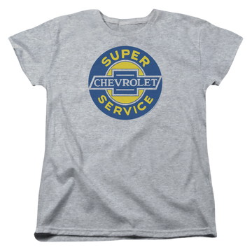 Athletic heather women's t-shirt with Chevrolet Chevy Super Service graphic
