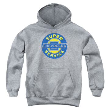 Athletic heather youth hoodie for ages 8 to 12 with Chevrolet Chevy Super Service graphic