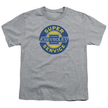 Athletic heather youth t-shirt for ages 8 to 12 with Chevrolet Chevy Super Service graphic