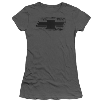 Charcoal juniors t-shirt with Chevrolet Bowtie Burnout graphic