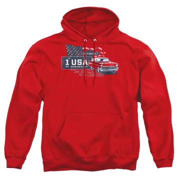 Red pullover hoodie with Chevrolet See The Usa graphic