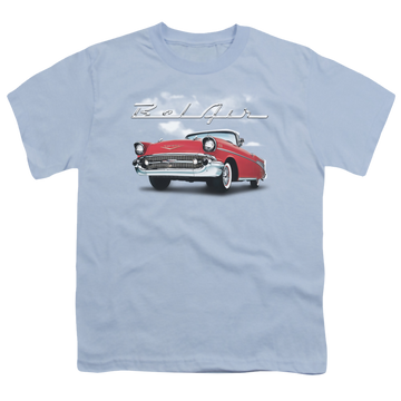 Light blue youth t-shirt for ages 8 to 12 with Chevrolet Bel Air Clouds graphic