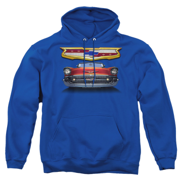 Royal pullover hoodie with Chevrolet 1957 Bel Air Grille graphic