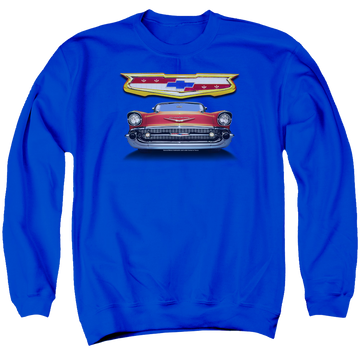 Royal men's crewneck sweatshirt with Chevrolet 1957 Bel Air Grille graphic