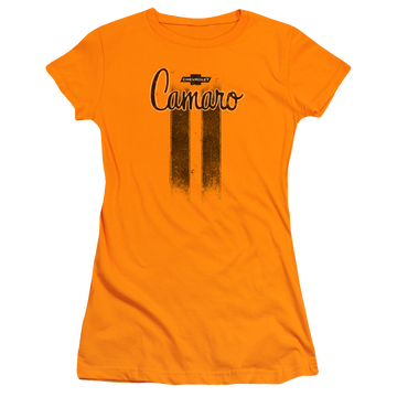 Orange juniors t-shirt with Chevrolet Camaro Stripes graphic