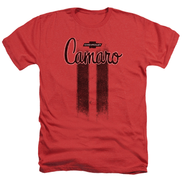 Red men's heather t-shirt with Chevrolet Camaro Stripes graphic