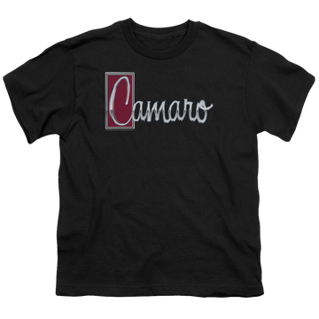 Black youth t-shirt for ages 8 to 12 with Chevrolet Chrome Script graphic