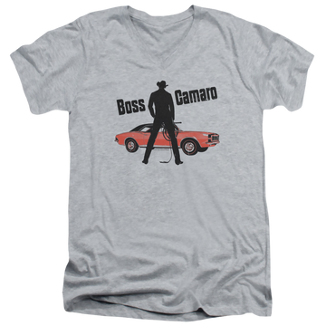 Athletic heather men's v-neck t-shirt with Chevrolet Boss graphic