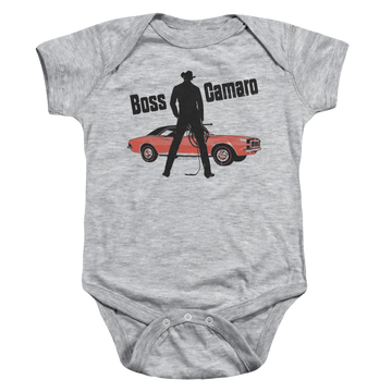 Athletic heather baby bodysuit with Chevrolet Boss graphic