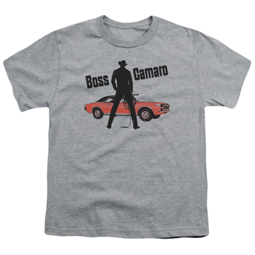 Athletic heather youth t-shirt for ages 8 to 12 with Chevrolet Boss graphic
