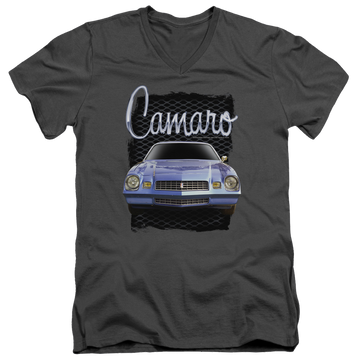 Charcoal men's v-neck t-shirt with Chevrolet Yellow Camaro graphic