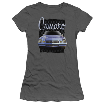 Charcoal juniors t-shirt with Chevrolet Yellow Camaro graphic