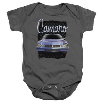 Charcoal baby bodysuit with Chevrolet Yellow Camaro graphic