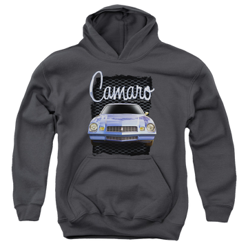 Charcoal youth hoodie for ages 8 to 12 with Chevrolet Yellow Camaro graphic
