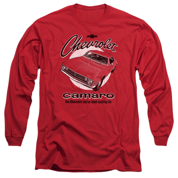 Red men's long sleeve t-shirt with Chevrolet Retro Camaro graphic