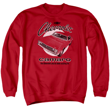 Red men's crewneck sweatshirt with Chevrolet Retro Camaro graphic