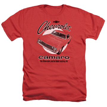 Red men's heather t-shirt with Chevrolet Retro Camaro graphic