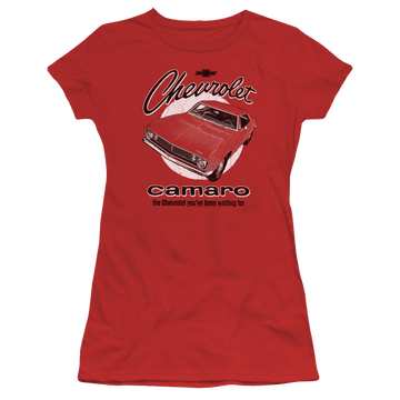 Red juniors t-shirt with Chevrolet Retro Camaro graphic