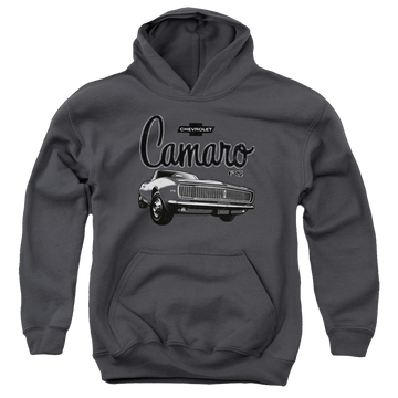 Charcoal youth hoodie for ages 8 to 12 with Chevrolet Script Car graphic