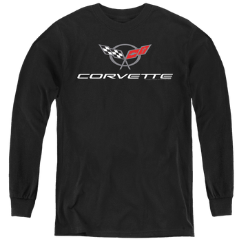 Black youth long sleeve t-shirt with Chevrolet Corvette Modern Emblem graphic