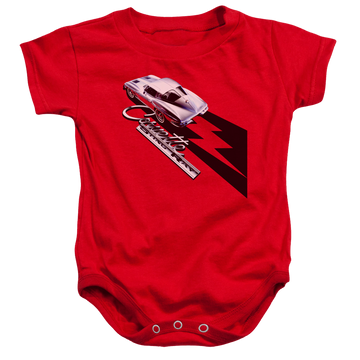 Red baby bodysuit with Chevrolet Split Window Sting Ray graphic