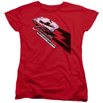 Red women's t-shirt with Chevrolet Split Window Sting Ray graphic