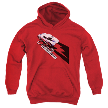 Red youth hoodie for ages 8 to 12 with Chevrolet Split Window Sting Ray graphic