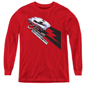 Red youth long sleeve t-shirt with Chevrolet Split Window Sting Ray graphic