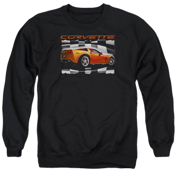 Black men's crewneck sweatshirt with Chevrolet Orange Z06 Vette graphic