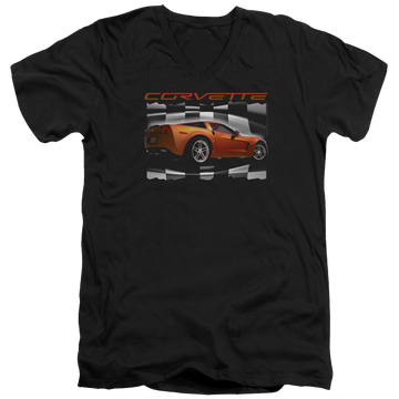 Black men's v-neck t-shirt with Chevrolet Orange Z06 Vette graphic