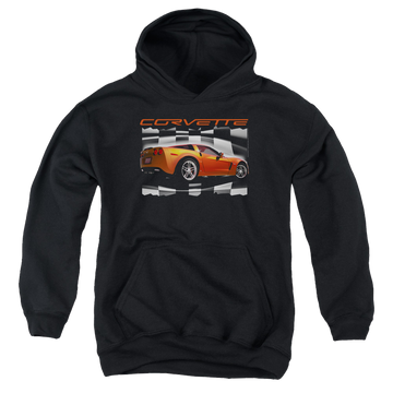Black youth hoodie for ages 8 to 12 with Chevrolet Orange Z06 Vette graphic