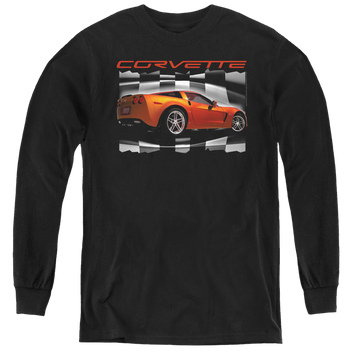 Black youth long sleeve t-shirt with Chevrolet Orange Z06 Vette graphic
