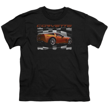 Black youth t-shirt for ages 8 to 12 with Chevrolet Orange Z06 Vette graphic