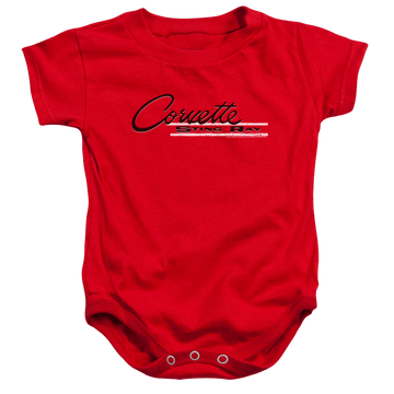 Red baby bodysuit with Chevrolet Retro Stingray graphic