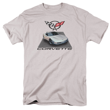 Silver men's regular fit t-shirt with Chevrolet Silver 01 Vette graphic