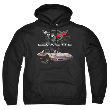 Black pullover hoodie with Chevrolet Checkered Past graphic