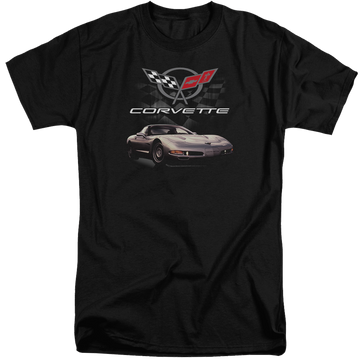 Black men's tall fit t-shirt with Chevrolet Checkered Past graphic