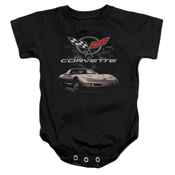 Black baby bodysuit with Chevrolet Checkered Past graphic