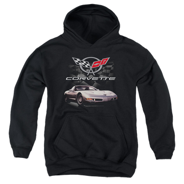 Black youth hoodie for ages 8 to 12 with Chevrolet Checkered Past graphic