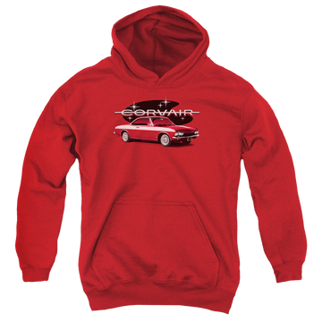 Red youth hoodie for ages 8 to 12 with Chevrolet 65 Corvair Mona Spyda Coupe graphic