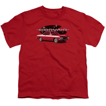 Red youth t-shirt for ages 8 to 12 with Chevrolet 65 Corvair Mona Spyda Coupe graphic