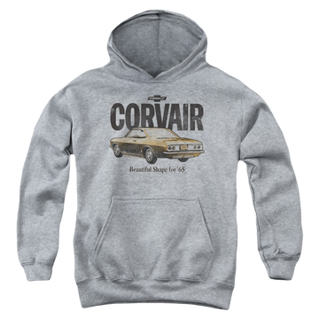 Athletic heather youth hoodie for ages 8 to 12 with Chevrolet Retro Corvair graphic