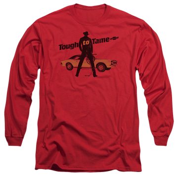 Red men's long sleeve t-shirt with Chevrolet Tough To Tame graphic